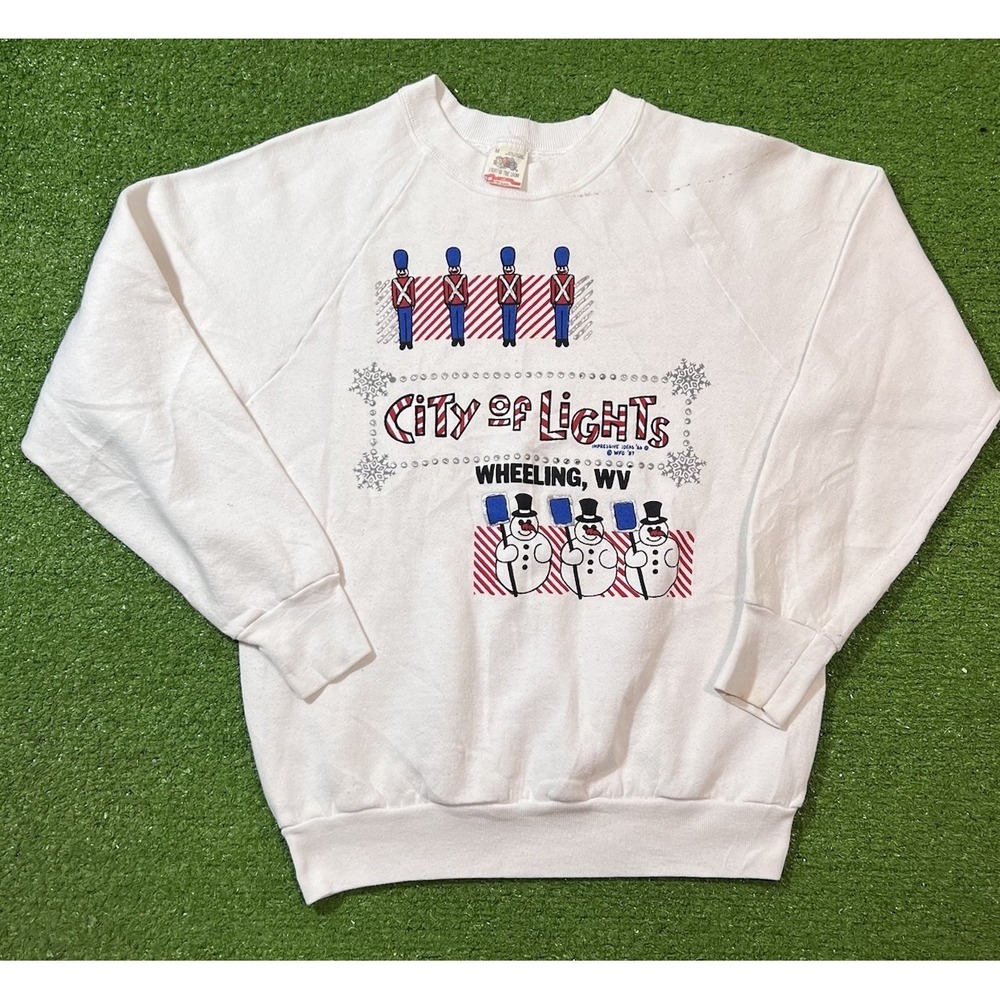 Vintage West Virginia Christmas Sweater Med. Wheeling W.V  1988 City Of Lights